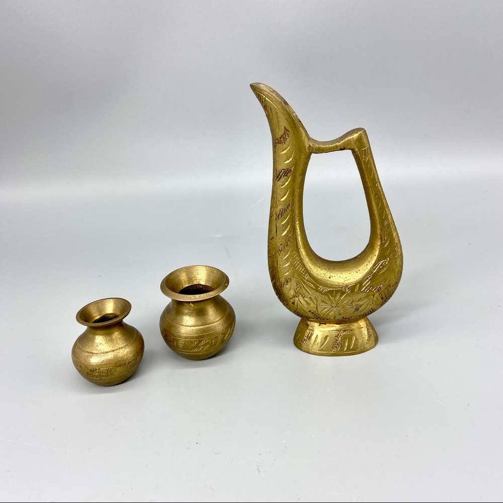Vintage Etched Brass Decanter & Vessels / Vases Miniature